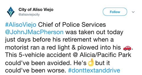 Aliso Viejo Tweet on Police Chief Car Accident on Februrary 28th