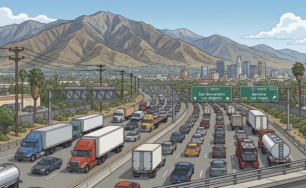 Heavy Truck Traffic on I-15 in San Bernardino CA