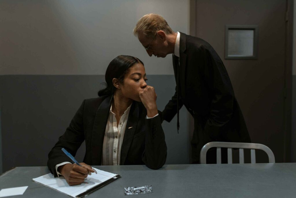 woman in an investigation room