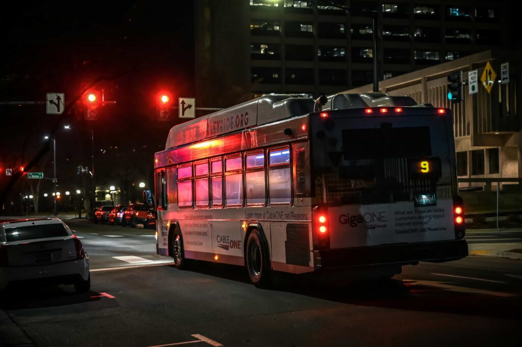 bus at a red light stop