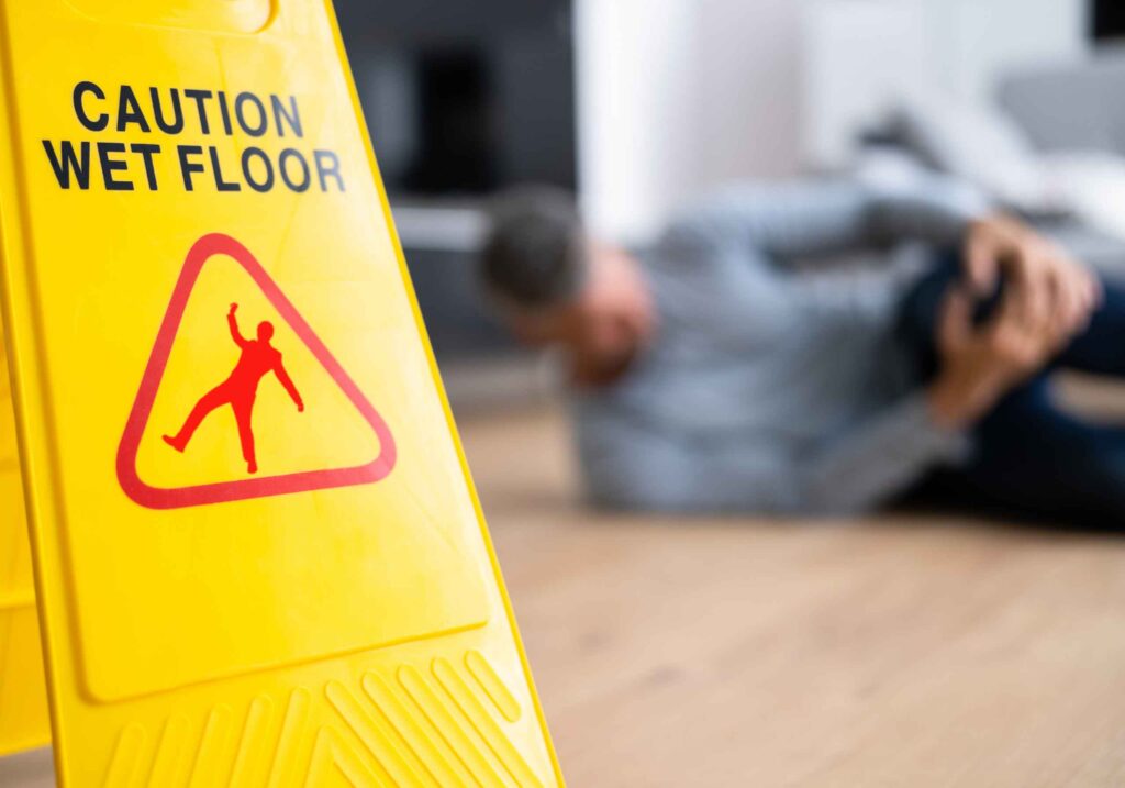 wet floor sign with injured man